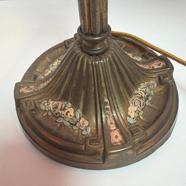 Glass Antique Art Nouveau 2 Light Table Lamp Floral Base Orange Glass 21” W -Works For Sale - Image 7 of 9