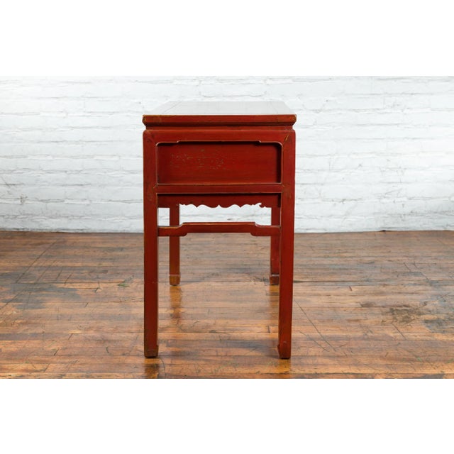 Chinese Red Lacquer Early 20th Century Two Drawer Desk with Brass Hardware For Sale - Image 9 of 13