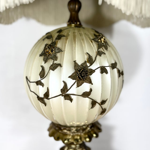 1950s Accurate Casting Hollywood Regency Cherub Lamp - 37" Manganese Glass & Victorian Fringe For Sale - Image 4 of 14