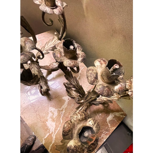 Mid 20th Century Pair of Italian Silver Gilt Tole 4 Light Candelabra Candle Holder Lights Leaf & Swirl For Sale - Image 10 of 11