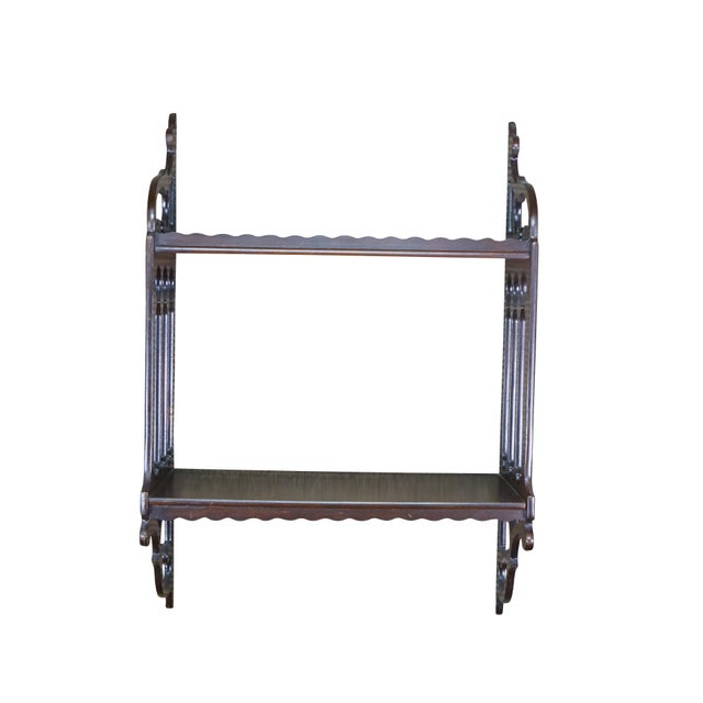 Vintage mid 20th century Chinese Chippendale style mahogany 2 tier wall hanging shelf - elegant fretwork sides supporting...