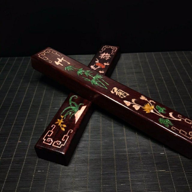 Arts & Crafts Pair of Vintage Rosewood Paperweights With Inlaid "Four Gentlemen" Motif For Sale - Image 3 of 9