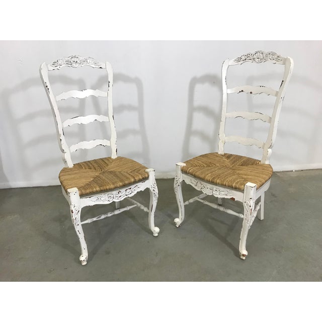 Pair of French Country White Carved 4Rung Rush Seat Ladderback Dining