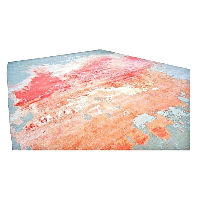 Indo-Nepalese Modern Wool & Silk 9x12 Grey, Orange, & Red Handmade Area Rug #1144036 For Sale - Image 4 of 7