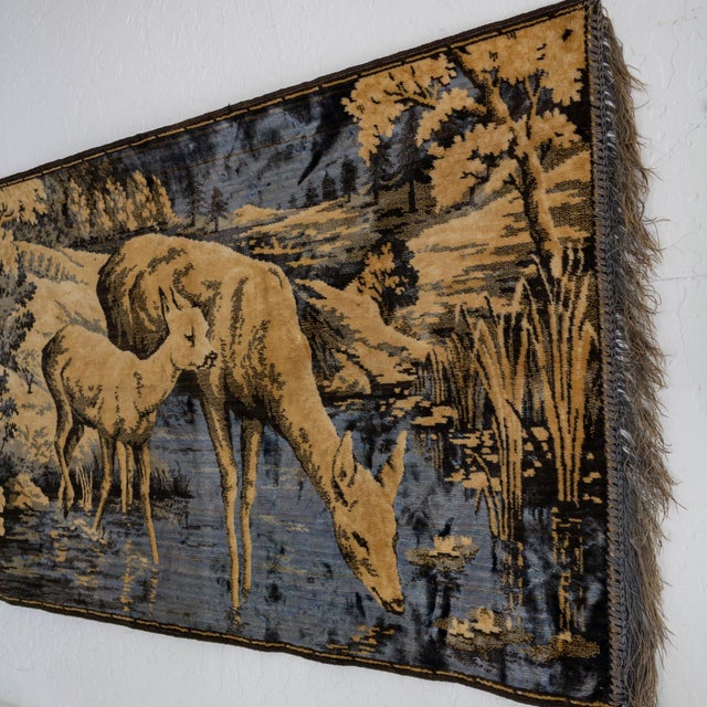 Belgian Woodland Deer Tapestry in Slate Blue and Taupe With Silk Fringe For Sale - Image 12 of 13