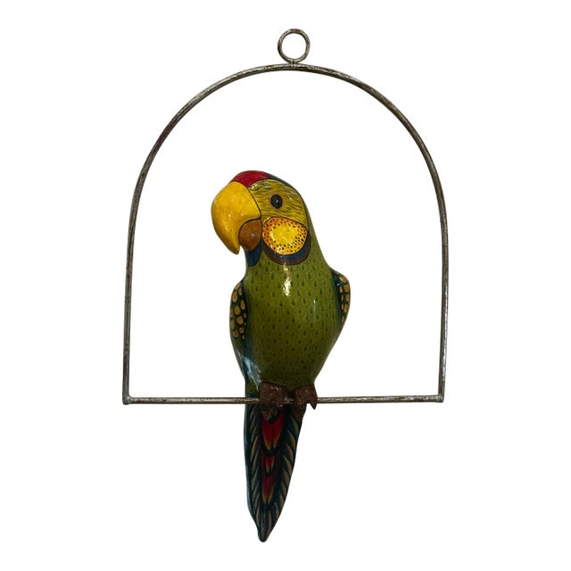 Vintage Mid-Century Mexican Paper Mache Parrot on Perch, Signed For Sale
