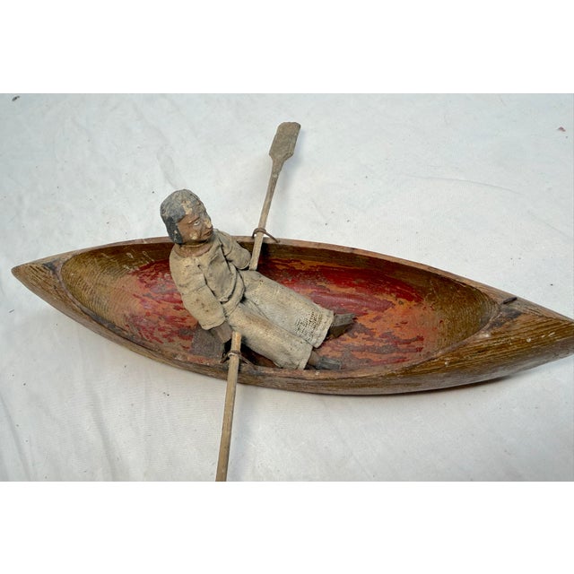 Wood Antique Hand Carved Wood Canadian Inuit Eskimo Art Wood Sculpture Canoe Man For Sale - Image 7 of 12