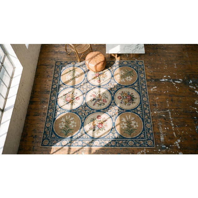 1870s Blue Floral Antique English Victorian Needlepoint Carpet 6' X 6' Flatweave Wool Rug For Sale - Image 10 of 12