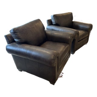 Large Brown Leather Ethan Allen Club Chairs-a Pair For Sale