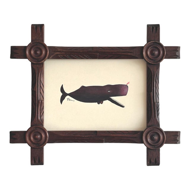 Original Hand-Painted Whale Painting in a Black Forest Style Frame For Sale