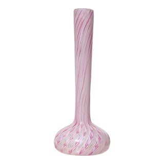 Murano Fratelli Toso Vintage Pink White Swirl Ribbons Italian Art Glass Soliflore Long Neck Flower Vase For Sale