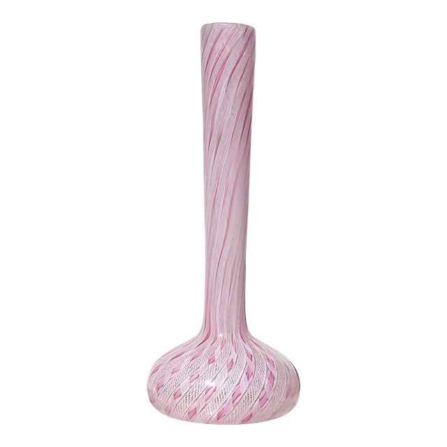Vintage Murano Fratelli Toso Pink White Swirl Ribbons Italian Art Glass Soliflore Long Neck Flower Vase For Sale