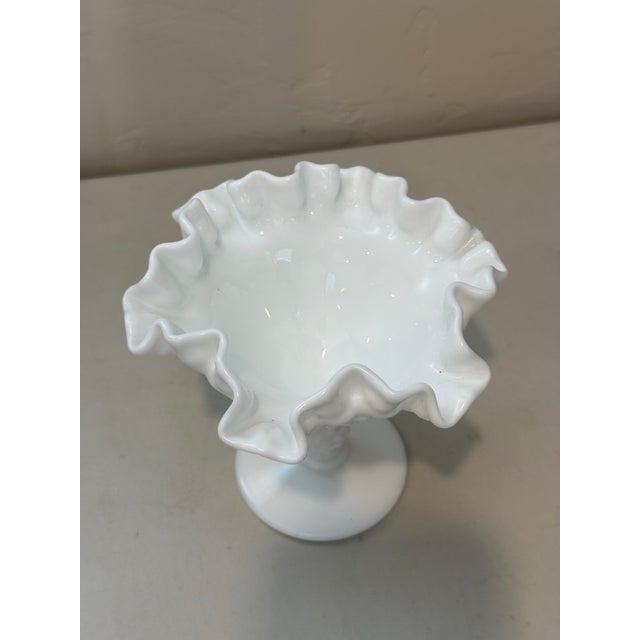 White Vintage Fenton Hobnail Footed Milk Glass Compote/Candy Dish Signed Pedestal Ruffled Edge 5” Height For Sale - Image 8 of 10