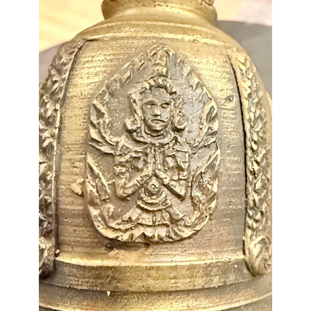 Traditional Vintage Thai Buddhist Temple Bell Solid Brass – Ornate Naga Elephant Design 4” For Sale - Image 3 of 4