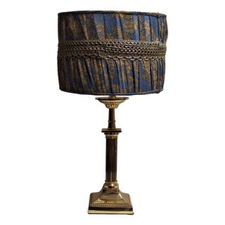 Vintage Table Lamp with Ornate Brass Base and Blue Fabric Shade, 1990s For Sale