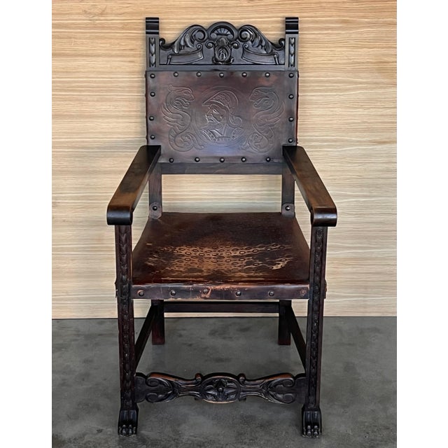 19th Spanish Carved Walnut Armchair with New Black Leather and Solomonic Columns For Sale - Image 16 of 18