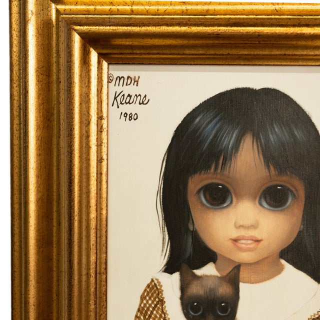 Authentic Oil Painting on Panel "Big Eyes" Beautiful Young Girl With Siamese Cat by Margaret Keane, 1980 For Sale - Image 11 of 14