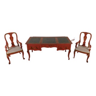 Antique Baker 1950s French Red Chinoiserie Leather Top Writing Desk & Arm Chairs For Sale