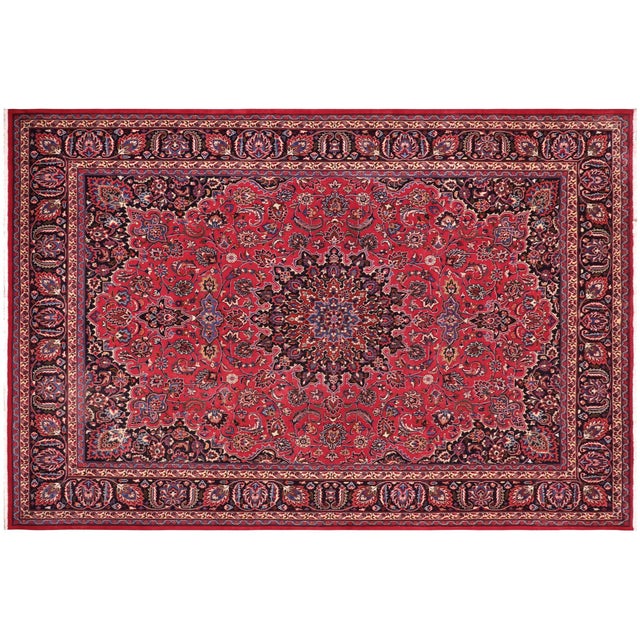 Red Boho Chic Vintage Retro Kashan Red/Blue Wool Rug - 9'7'' X 12'9'' For Sale - Image 8 of 10