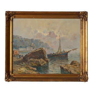 Mid-Century Original Oil on Canvas on Harbor in Giltwood Frame For Sale