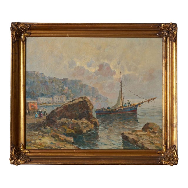 Mid-Century Original Oil on Canvas on Harbor in Giltwood Frame For Sale