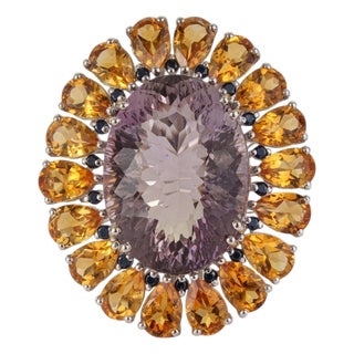 Handcrafted Multi-Gemstone Sunflower Ring in Solid Sterling Silver, Size 8.5 For Sale