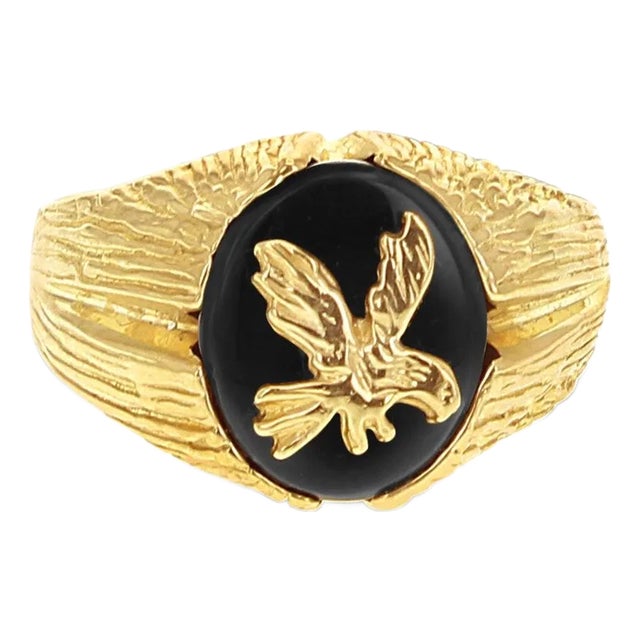 Black Onyx Eagle Ring with Bark Textured Band 14k Yellow Gold, Size 9 For Sale