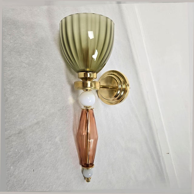 Mid-Century Modern 1980s Olive Green, Terracotta Murano Sconces - a Pair For Sale - Image 3 of 10