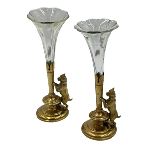 Pair of Antique French Bud Vases, Brass & Crystal Canine Shape