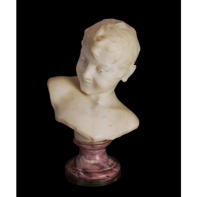 Emile Jespers (1862 Deurne - 1918 Antwerp), Scherzo, circa 1890. Marble bust on marble base with title plaque, 42.5 cm...