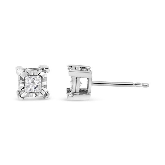 Contemporary .925 Sterling Silver 1/3 Cttw Miracle Set Princess-cut Diamond Solitaire Stud Earrings (H-I Color, I1-I2 Clarity) For Sale - Image 3 of 5