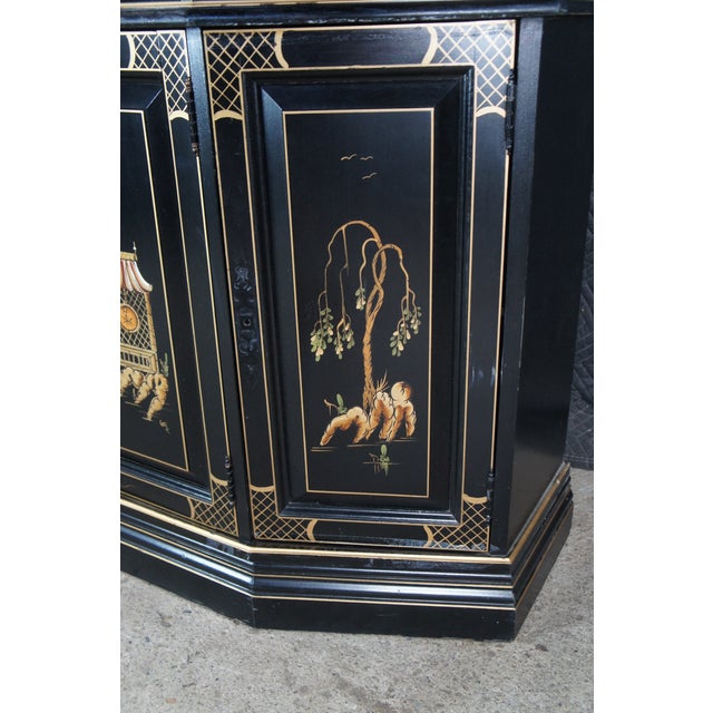 Vintage Jasper Black Lacquer Chinoiserie China Display Cabinet Pagoda Landscape, Attributed For Sale - Image 12 of 13