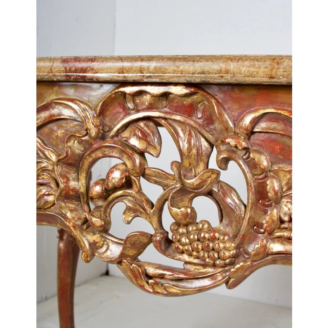 Pair of Painted and Gilded Consoles, Faux Marble Top, Haute Hollywood For Sale In San Francisco - Image 6 of 12