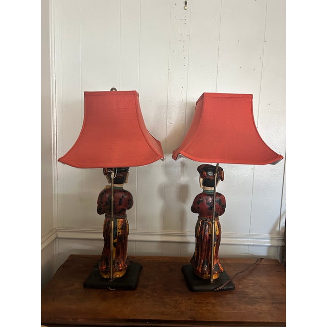 Antique Vietnamese Altar Maid Figurine Hand Carved Table Lamps - a Pair For Sale - Image 17 of 18