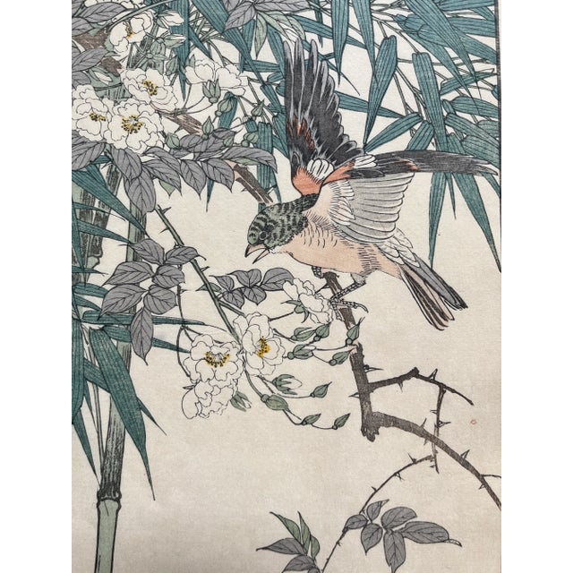 Japanese Imao Keinen, "Brambling, Rose, Bamboo," 1891 First-Edition Antique Japanese Woodblock Print For Sale - Image 3 of 3