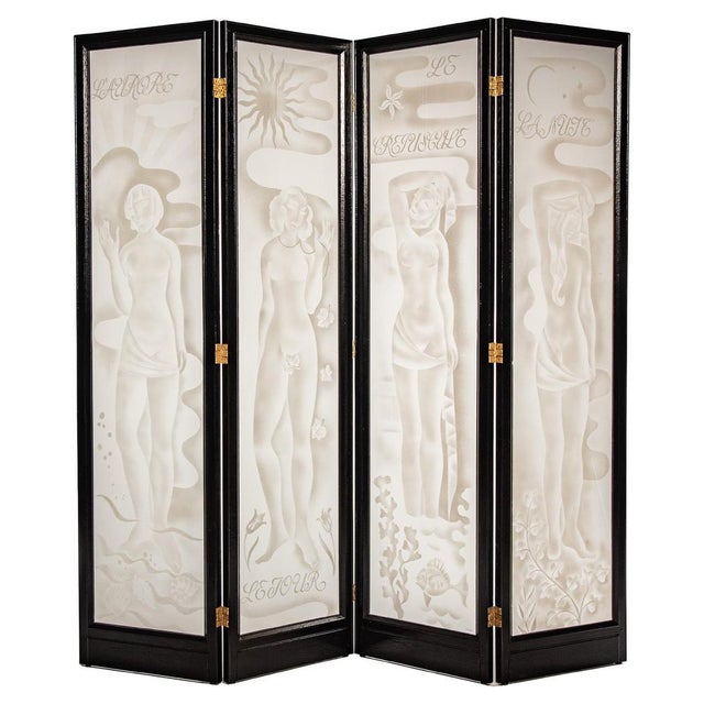 Engraved Glass Folding Screen with Oak Frame by Laurencin, 1937 For Sale - Image 17 of 17