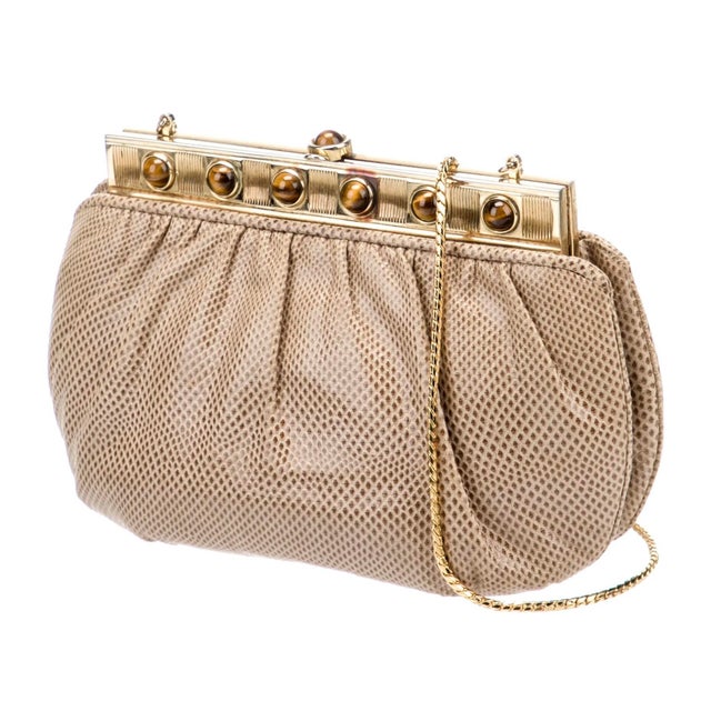 90s Judith Leiber Karung Tiger Eye Gemstone Karung SnakeSkin Day Evening Handbag Gemstones Vintage Shoulder For Sale In Los Angeles - Image 6 of 11