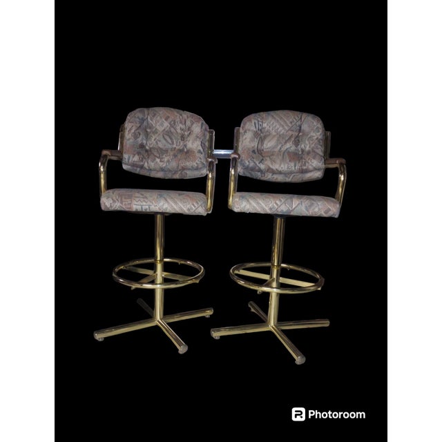 Mid Century Chromecraft Barstool Brass Frame Burgandy Swivel Set of Two, Style: Mid Century, Color: Burgandy/Brass,...
