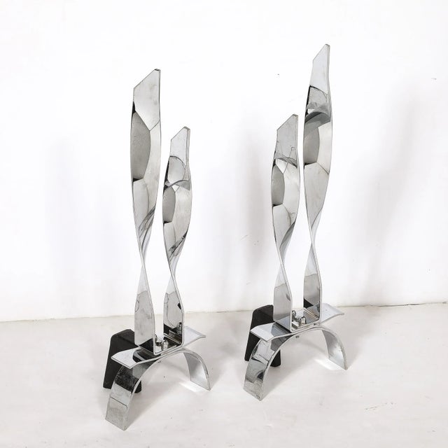 Metal Pair of Mid-Century Modernist Torqued Flame Andirons in Polished Chrome For Sale - Image 7 of 12