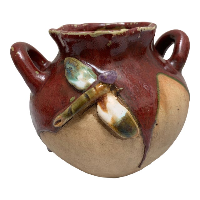 Vintage Rustic Drip Glaze Dragonfly Vessel For Sale