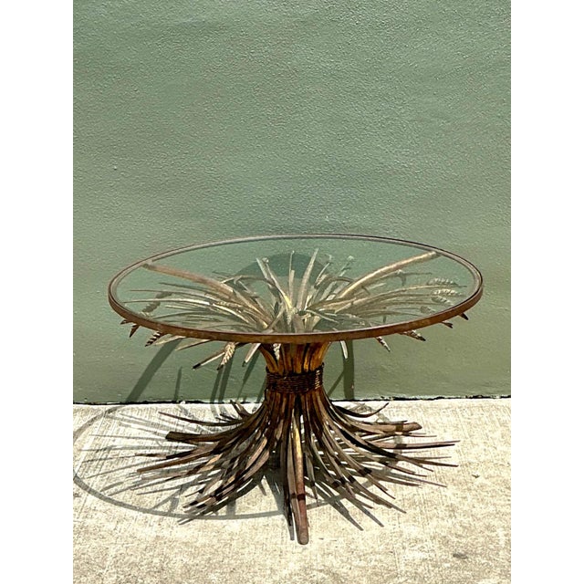 Gold Vintage Distressed Gilt Metal and Glass Wheat Sheaf Table For Sale - Image 8 of 13