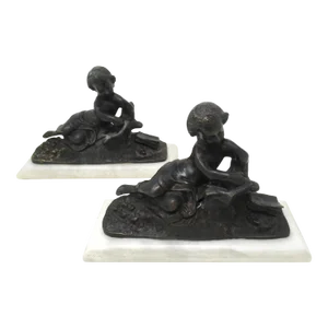 Antique Pair French Grand Tour Bronze Marble Cherubs Figures Putti Bookends