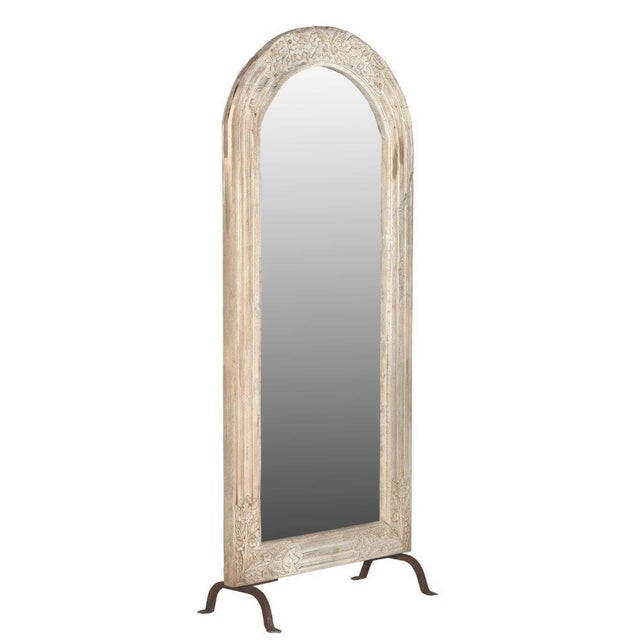 Farmhouse Vintage Indian Carved and Bleached Teakwood Arched Top Mirror on Iron Legs For Sale - Image 3 of 4