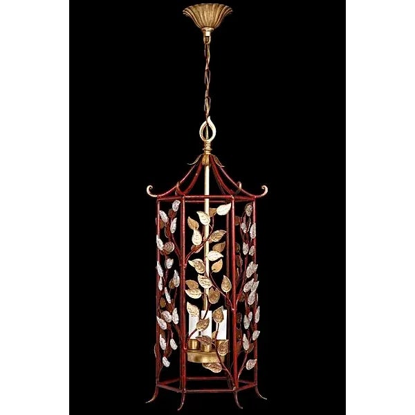 Goa- Wrought iron hexagonal open lantern with panels consisting of crystal and metal leaves. Many colors available.