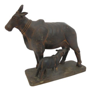 Kamadhenu Wooden Cow & Calf Rustic Hand Carved India Hindu Folk Art Sculpture For Sale