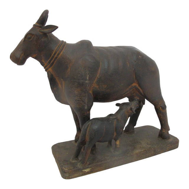 Kamadhenu Wooden Cow & Calf Rustic Hand Carved India Hindu Folk Art Sculpture For Sale