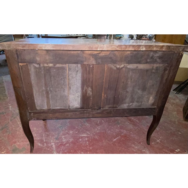 Wood Antique French Louis XV - XVI Style Marble Top and Marquetry Inlaid Commode For Sale - Image 7 of 13