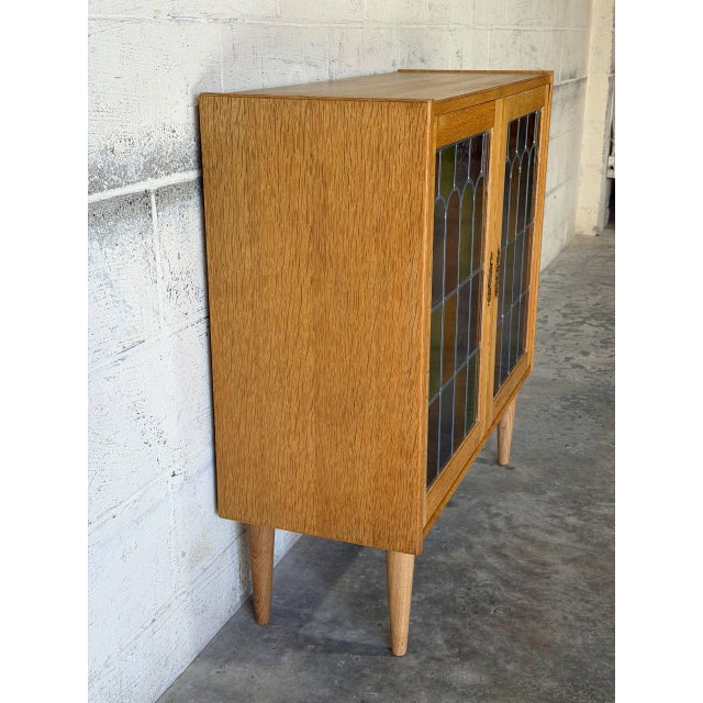 Oak Two-Door Cabinet With Multi-Colored Stained Glass Doors Danish Mid-Century Modern 1970s For Sale - Image 10 of 11