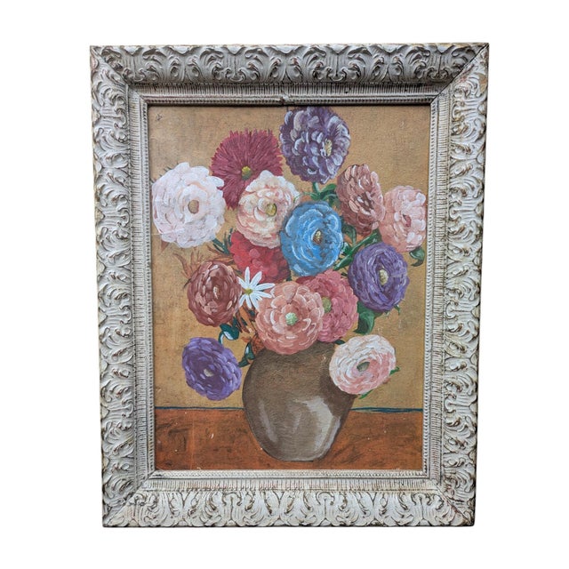 Vintage Still Life Botanical Painting featuring a Van Gogh Style Bouquet of Flowers Painted on recycled Paper and encased...
