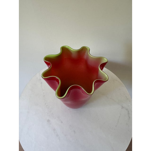 Vintage Red and Green Cased Glass Fazzoletto Handkerchief Vase, Murano Style, C. 1960s For Sale In New York - Image 6 of 6